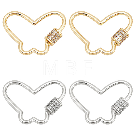 4Pcs 2 Colors Butterfly Brass Micro Pave Clear Cubic Zirconia Screw Carabiner Lock Charms KK-WR0001-05-1