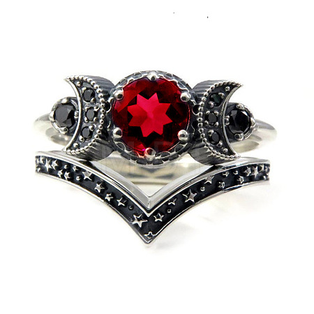 Gothic Purple Crystal Ring with Triple Moon Goddess - Black Diamond Jewelry for Women ST2751663-1