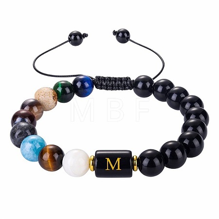 10MM Natural Black Obsidian Alphabet Beaded Braided Bracelets TO2319-13-1