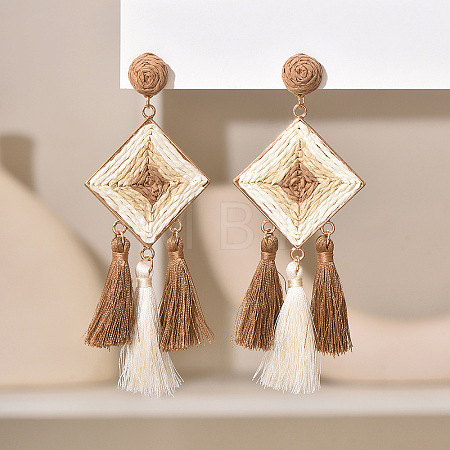 Bohemian Alloy Raffia Tassel Dangle Earrings for Women WG6F946-02-1