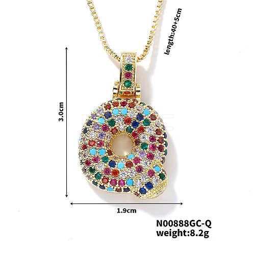 Brass Pave Colorful Cubic Zirconia Letter Pendant Box Chain Necklaces NU0575-17-1