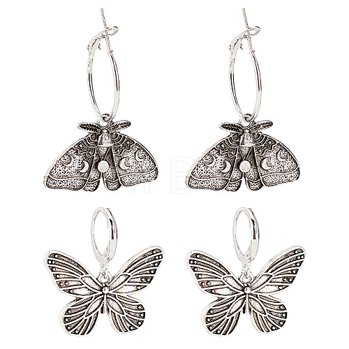 2 Pairs 2 Style Moth & Butterfly Zinc Alloy Dangle Hoop & Leverback Earrings EJEW-AN0002-64-1