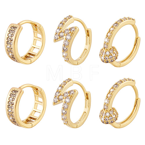  Jewelry 3 Pairs 3 Style Round & Lightning Bolt & Square Cubic Zirconia Huggie Hoop Earrings EJEW-PJ0001-03-1