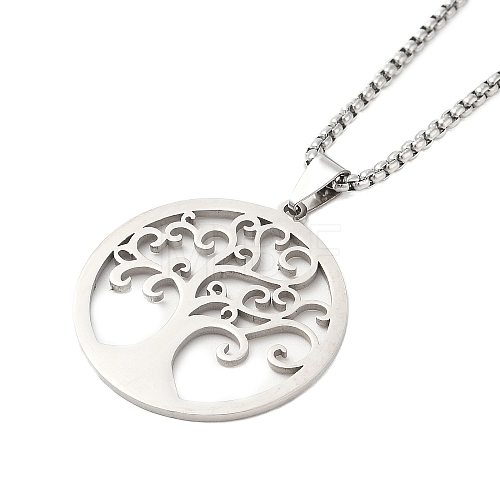 304 Stainless Steel Box Chain Tree of Life Pendant Necklaces for Women Men NJEW-U005-04P-1