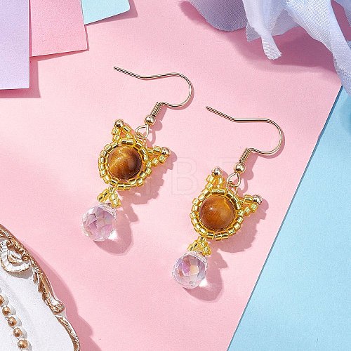 Natural Tiger Eye Carnelian Cat Shape Dangle Earrings EJEW-MZ00353-01-1