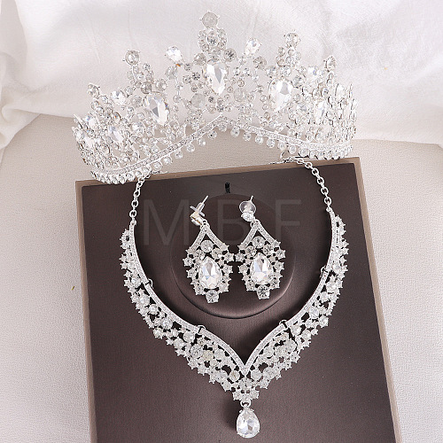 Teardrop Alloy Rhinestone Pendant Necklaces & Stud Dangle Earrings & Crown Hair Band Sets FS-WGCA643-05-1