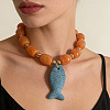 Bohemian Dyed Natural Lava Rock Dodger Blue Fish Shaped Pendant Resin Barrel Beaded Necklaces with Alloy End Chains for Women WGC0D2D-01-2