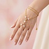 304 Stainless Steel and Imitation Pearl Multi-Strand Hand Chain Ring Bracelets with Clear Cubic Zirconia for Women VO2892-2