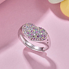Rhodium Plated 925 Sterling Silver Heart Adjustable Rings with Colorful Cubic Zirconia RJEW-F150-50P-2