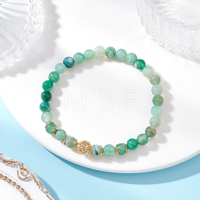 Natural Green Banded Agate(Dyed & Heated) & Brass Round Beaded Stretch Bracelets for Women BJEW-JB12265-02-1