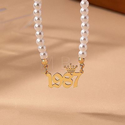 Alloy Crown Birth Year Pendant Imitation Pearl Round White Beaded Necklaces for Women FS-WG173C9-27-1