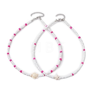 2Pcs Summer Beach Glass Seed Beaded Necklaces NJEW-JN05019-1