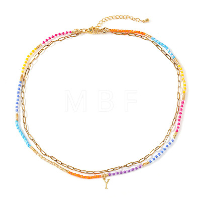 Colorful Glass Seed Beaded Initial Pendant Double Layer Necklaces QS3881-25-1