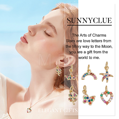 SUNNYCLUE 12Pcs 6 Styles Brass Micro Pave Colorful Cubic Zirconia Charms ZIRC-SC0001-08G-1