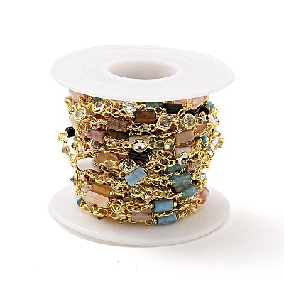 Natural Mixed Gemstone Column & Clear Cubic Zirconia Flat Round Link Chain LS-CHC-G017-01G-1