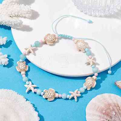 Starfish & Turtle Natural Malaysia Jade & Synthetic Turquoise Braided Beaded Anklet AJEW-AN00563-1