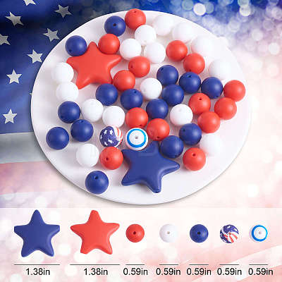 104Pcs 4th of July US Independence Day Silicone Beads Patriotic Blue Red White Round Star Beads America Flag Stars & Stripes Beads for Independence Day DIY Crafts Home Tiered Tray Decor JX601A-1