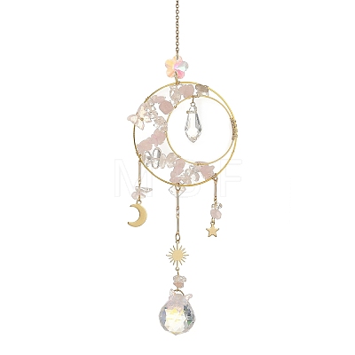 Natural Rose Quartz & Brass Ring Suncatcher with 304 Stainless Steel Sun Moon Star Charm HJEW-JM05009-03-1
