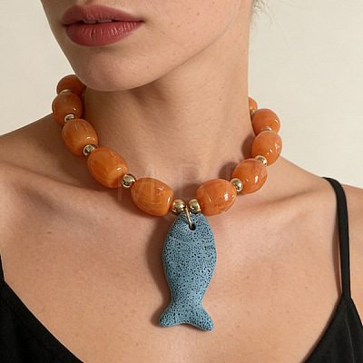 Bohemian Dyed Natural Lava Rock Dodger Blue Fish Shaped Pendant Resin Barrel Beaded Necklaces with Alloy End Chains for Women WGC0D2D-01-1