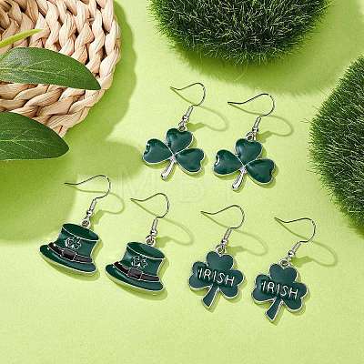 3 Pair 3 Style Saint Patrick's Day Alloy Enamel Dangle Earrings with Brass Pins for Women EJEW-JE05347-1