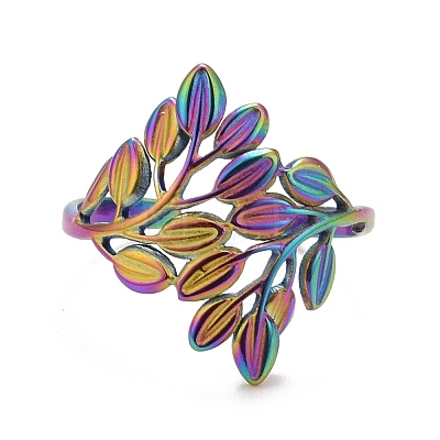 Rainbow Color Ion Plating(IP) 304 Stainless Steel Leaf Wrap Open Cuff Ring for Women RJEW-A005-12-1