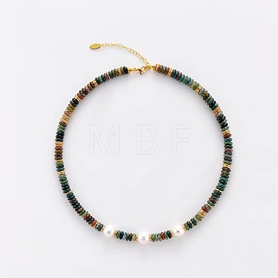 Natural Freshwater Pearl and Natural Indian Agate Rondelle Beaded Necklaces with 304 Stainless Steel End Chains PJ7796-1
