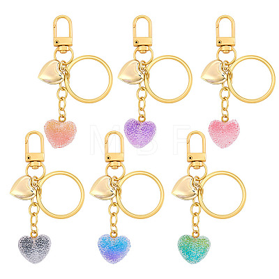 6Pcs 6 Colors Transparent Resin with 304 Stainless Steel Heart Pendant Keychain KEYC-AR00010-1