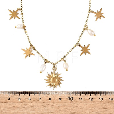 304 Stainless Steel & 201 Stainless Steel Sun Star Pendant Necklaces with Natural Pearl Beads for Women NJEW-JN06527-1