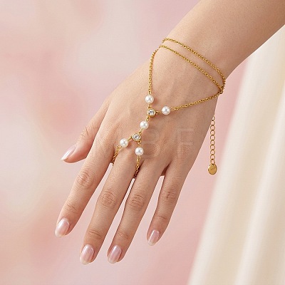 304 Stainless Steel and Imitation Pearl Multi-Strand Hand Chain Ring Bracelets with Clear Cubic Zirconia for Women VO2892-1