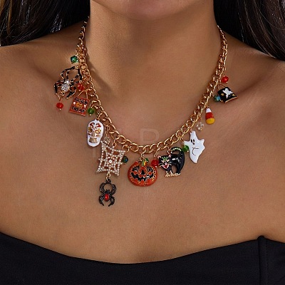 Halloween Alloy Enamel Spider Pumpkin Multi Pendant Bib Necklaces for Women WG0CF79-01-1