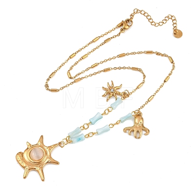 304 Stainless Steel Crystal Rhinestone and Cat Eye Conch Shape Octopus Pendant Dyed Natural Shell Bamboo Stick Link Chain Necklaces NJEW-K252-11G-1