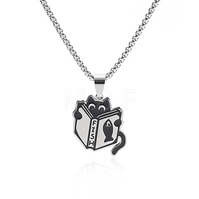 201 Stainless Steel Enamel Black Cat Shape with Book Pendant Necklaces FS-WG449EB-02-1