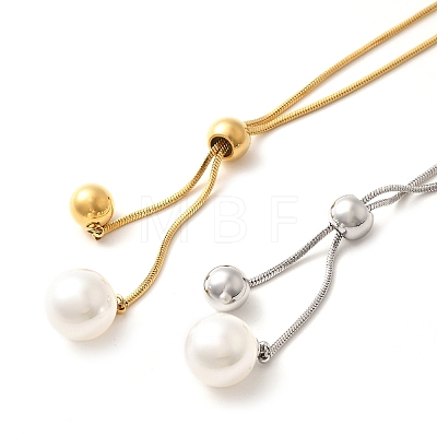 304 Stainless Steel Round Shell Pearl Pendant Lariat Necklaces for Women NJEW-U031-04G-1