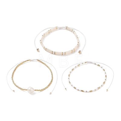 3Pcs 3 Style Natural Pearl & Glass Seed Beaded Stretch Bracelets Set for Women BJEW-JB08889-1