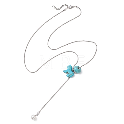 4Pcs 4 Color Dyed Synthetic Turquoise Horse with Shell Pearl Beads Pendant Necklaces NJEW-JN05895-1