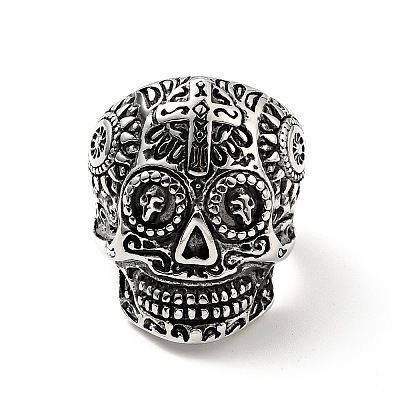 316 Stainless Steel Skull with Cross Finger Ring RJEW-C030-02A-AS-1