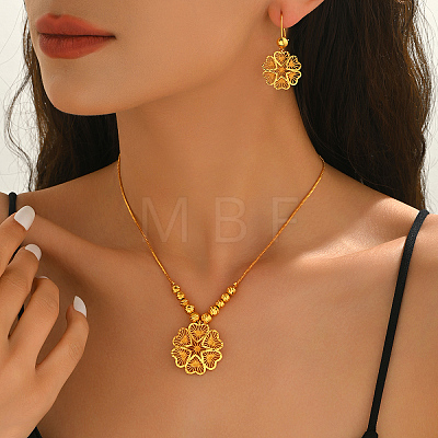Brass Hollow Flower Hoop Earrings & Pendant Necklaces Sets for Women JE0471-1