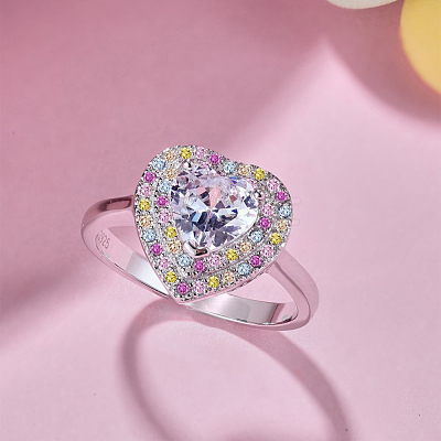 Rhodium Plated 925 Sterling Silver Heart Finger Ring with Colorful Cubic Zirconia RJEW-F150-72B-P-1