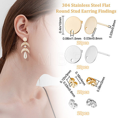 40Pcs 2 Colors Flat Plate 201 Stainless Steel Stud Earring Findings STAS-BBC0002-40-1