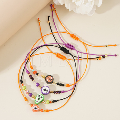 8Pcs Halloween Handmade Polymer Clay & Glass Seed Bead Woven Braided Bracelets MC3836-1
