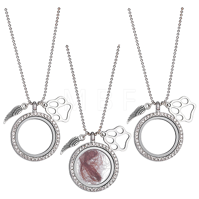 3Pcs Alloy Crystal Rhinestone Wing Paw Print and Glass Magnetic Flat Round Locket Pendant Ball Chain Necklaces for Women NJEW-DR00042-1