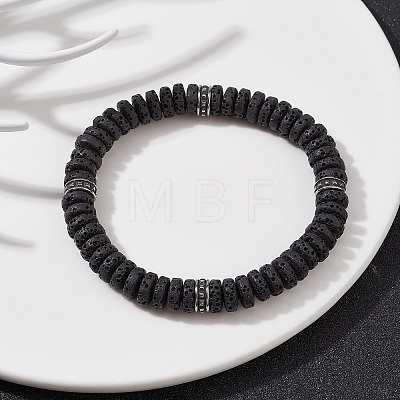 Natural Lava Rock & 304 Surgical Stainless Steel Disc Beaded Stretch Bracelet BJEW-JB09689-01-1