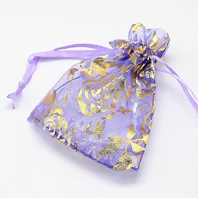 Gold Stamping Rose Flower Rectangle Organza Gift Bags OP-L006A-01-1