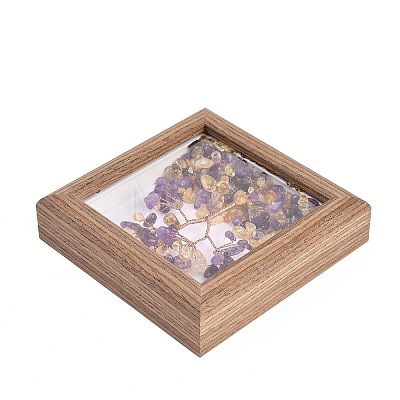 Natural Amethyst and Yellow Quartz Chips Chips Tree of Life with Wooden Photo Frame Decorations DJEW-B013-04H-1