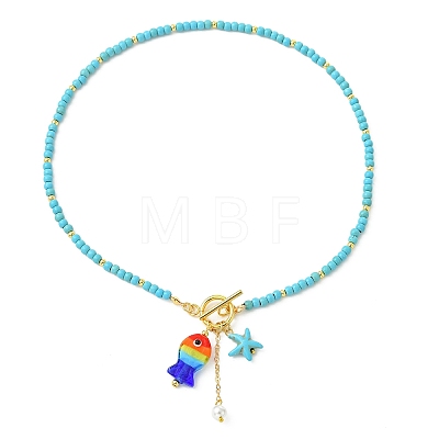 Summer Handmade Lampwork Colorful Fish and Starfish Pendant Dyed Synthetic Turquoise Round Beaded Necklaces with 304 Stainless Steel OT Clasps for Women NJEW-TA00240-1