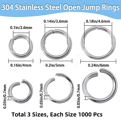 SOFPLATE 3000Pcs 3 Styles 304 Stainless Steel Open Jump Rings STAS-SP0001-68-1