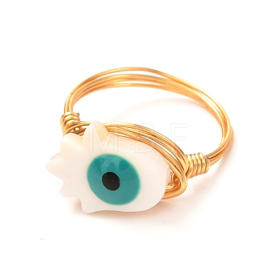 Hamsa Hand /Hand of Miriam Evil Eye Natural Shell Finger Rings for Girl Women RJEW-JR00394-04-1