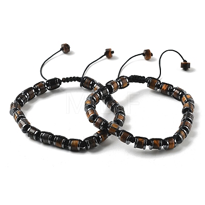 Adjustable Natural Tiger Eye and Non-magnetic Synthetic Hematite Braided Bead Bracelets BJEW-Z090-01K-1