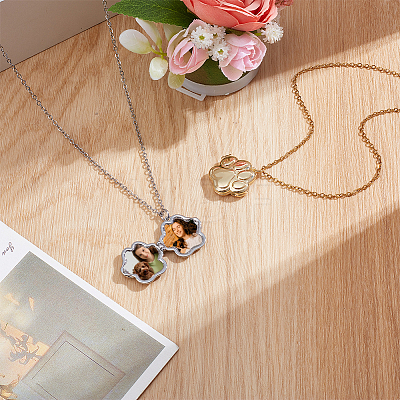 2Pcs 2 Colors Stainless Steel Paw Print Photo Locket Pendant Necklaces for Women NJEW-NB0001-39-1