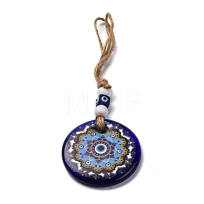 Flat Round with Evil Eye Lampwork Pendant Decoration HJEW-Z005-01C-1